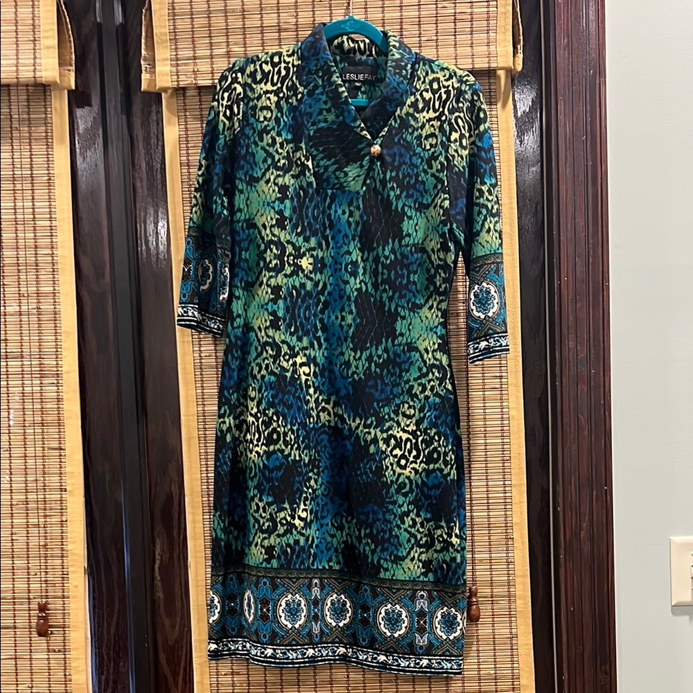 Leslie Fay Vibrant Blue and Green Dress